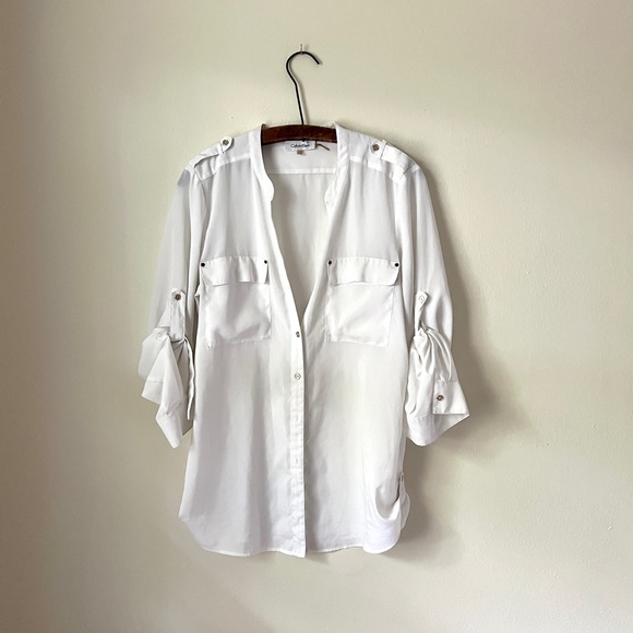 Calvin Klein White and Gold Tone Button Down Tunic Shirt Long Sleeve Blouse M - Picture 1 of 10